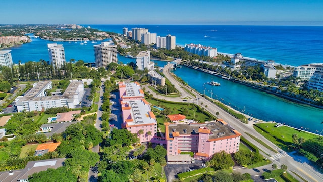 aerial view with a city view and a water view