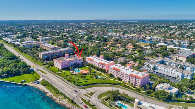 drone / aerial view featuring a water view