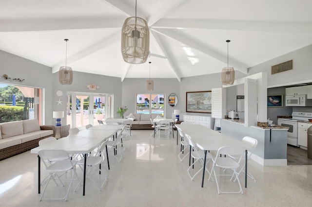 dining room featuring visible vents, beamed ceiling, french doors, and high vaulted ceiling