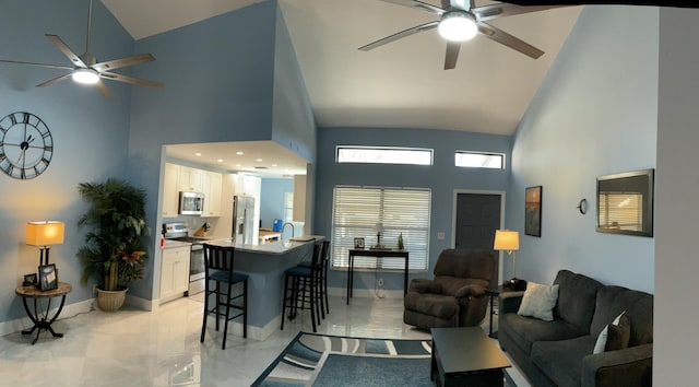 living area featuring a healthy amount of sunlight, high vaulted ceiling, and baseboards