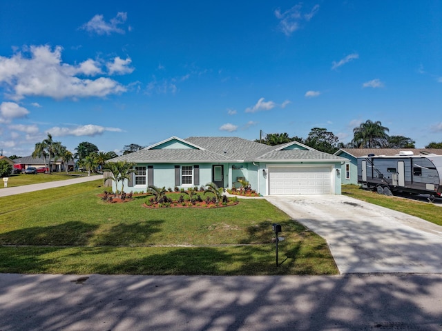 ranch-style house with a garage, concrete driveway, a front lawn, and stucco siding