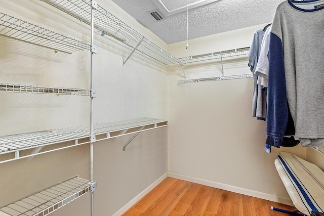 walk in closet with light wood finished floors, visible vents, and attic access