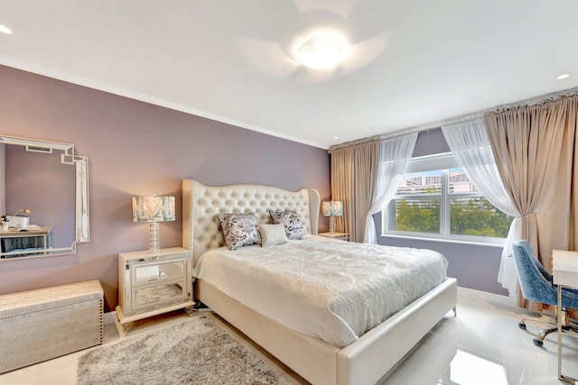 bedroom featuring ceiling fan, visible vents, baseboards, and ornamental molding