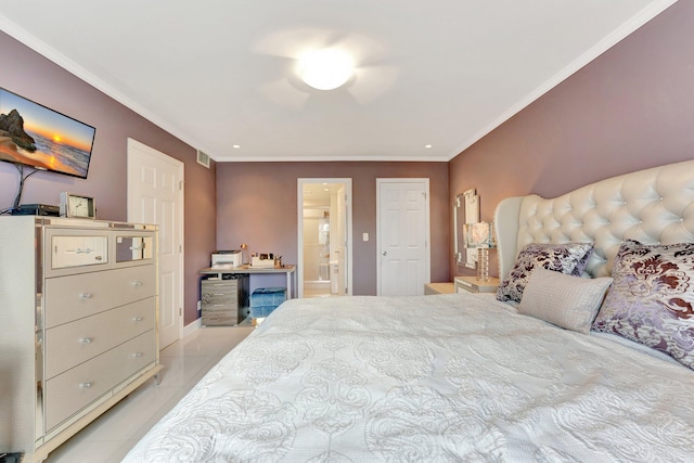 bedroom with light tile patterned floors, visible vents, ensuite bath, and ornamental molding