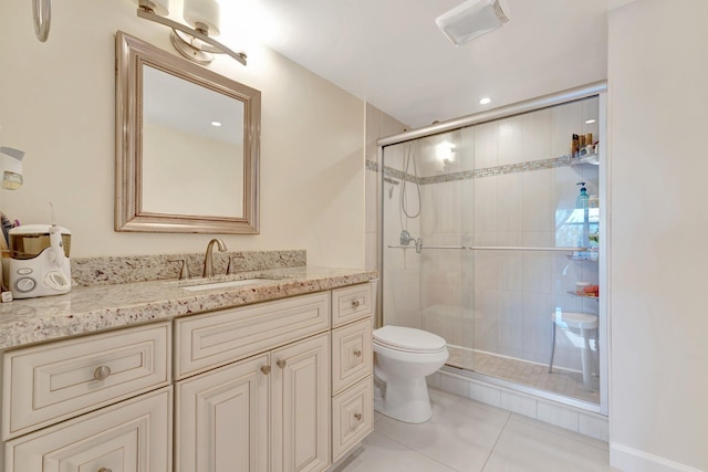 bathroom featuring visible vents, toilet, a stall shower, tile patterned floors, and vanity