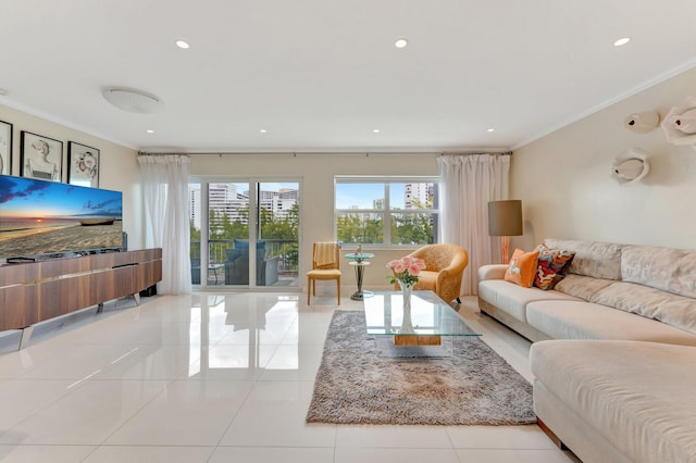 living room featuring light tile patterned floors, recessed lighting, and ornamental molding