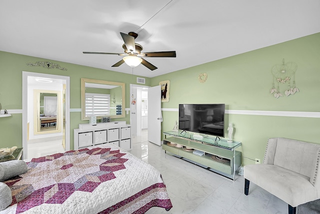 bedroom with visible vents, marble finish floor, and a ceiling fan