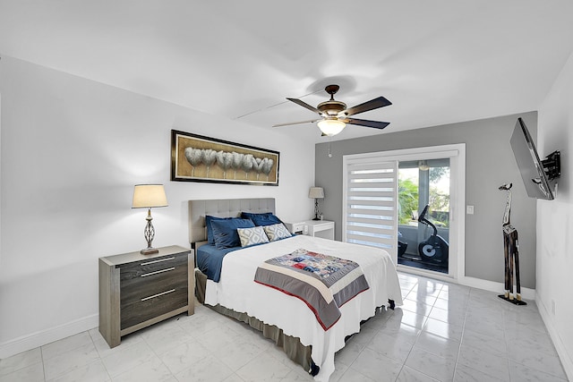 bedroom with a ceiling fan, access to exterior, baseboards, and marble finish floor