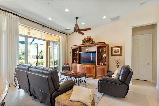 living room featuring recessed lighting, visible vents, ceiling fan, and light tile patterned floors