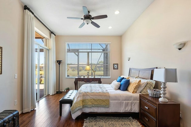 bedroom featuring baseboards, recessed lighting, dark wood-style flooring, ceiling fan, and access to outside