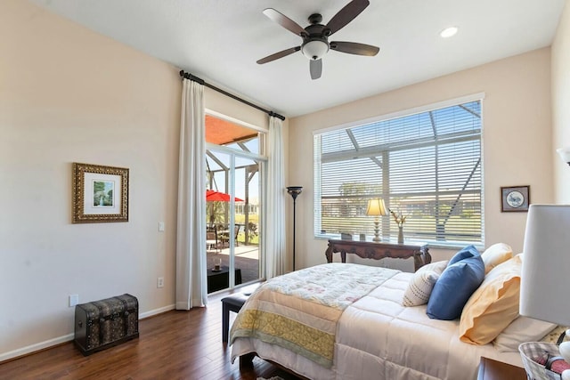 bedroom featuring wood finished floors, baseboards, recessed lighting, ceiling fan, and access to exterior