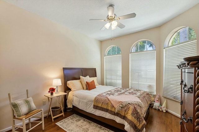 bedroom featuring a ceiling fan, multiple windows, wood finished floors, and baseboards