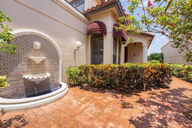 doorway to property with stucco siding and a tiled roof