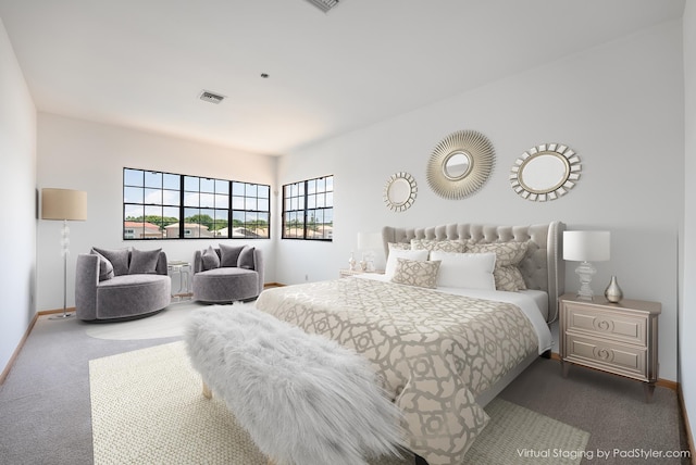 bedroom with visible vents, carpet floors, and baseboards