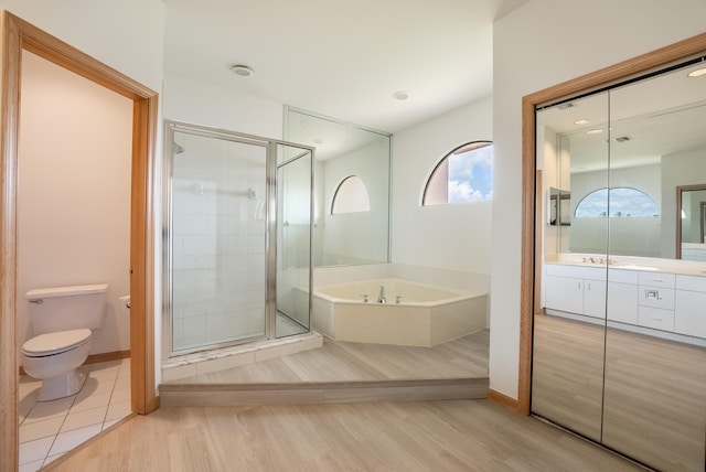 full bathroom with vanity, a shower stall, toilet, and a bath