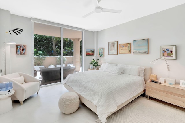 bedroom featuring access to exterior, floor to ceiling windows, and ceiling fan