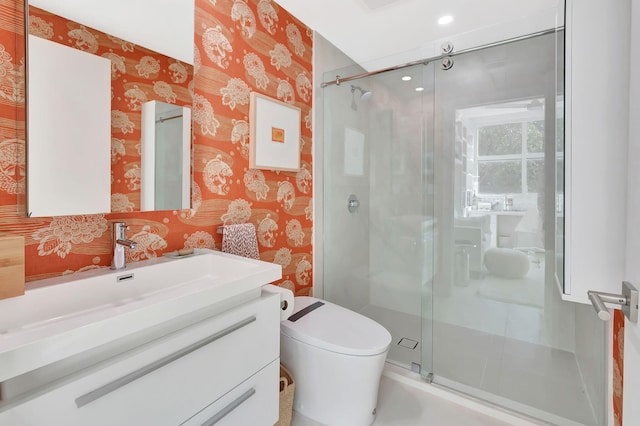 full bath with wallpapered walls and a shower stall