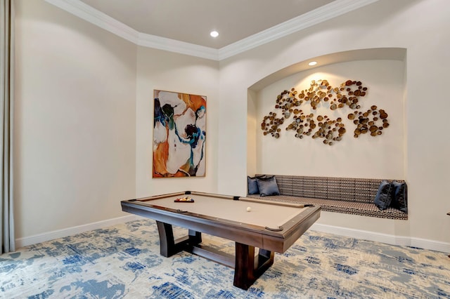 recreation room with recessed lighting, pool table, crown molding, and baseboards