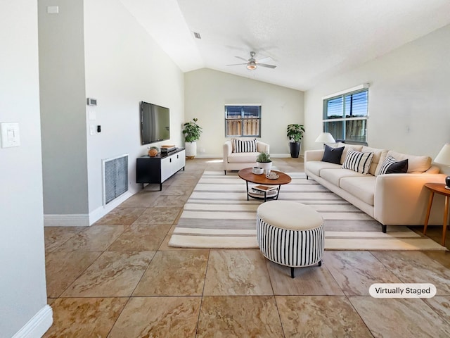 living area featuring visible vents, lofted ceiling, baseboards, and ceiling fan