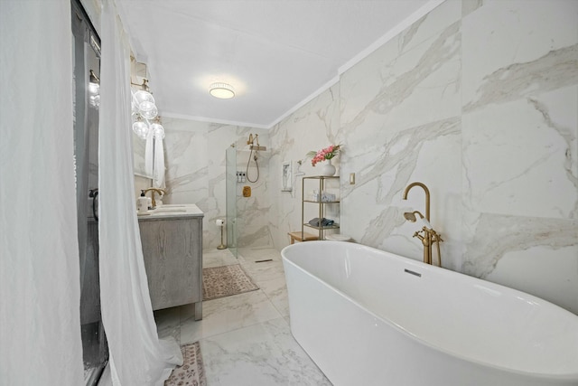 bathroom with marble finish floor, ornamental molding, a marble finish shower, stone wall, and vanity