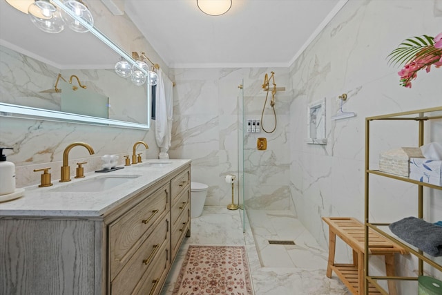 full bathroom with ornamental molding, marble finish floor, a marble finish shower, and a sink