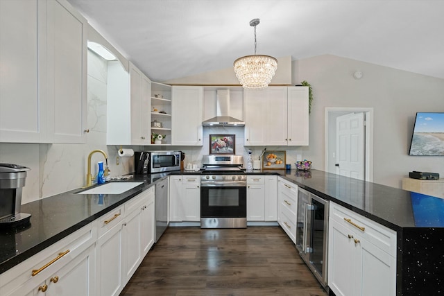 kitchen featuring beverage cooler, a sink, open shelves, stainless steel appliances, and wall chimney range hood