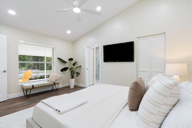 17393 84th Ct N, Loxahatchee, FL 33470 - bedroom with lofted ceiling, wood finished floors, recessed lighting, baseboards, and a ceiling fan