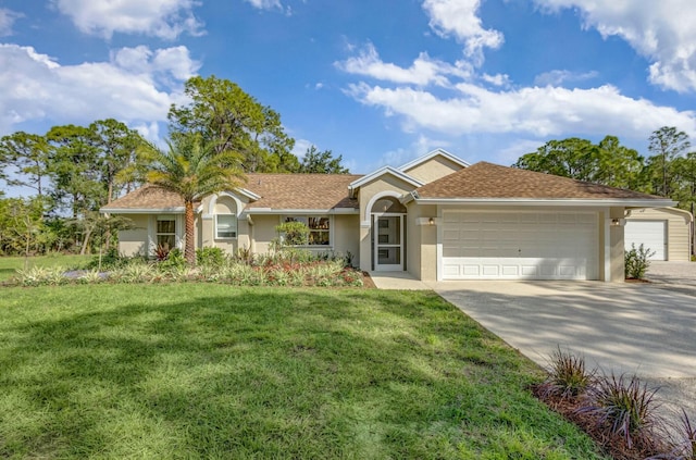 ranch-style home featuring stucco siding, driveway, and a front lawn