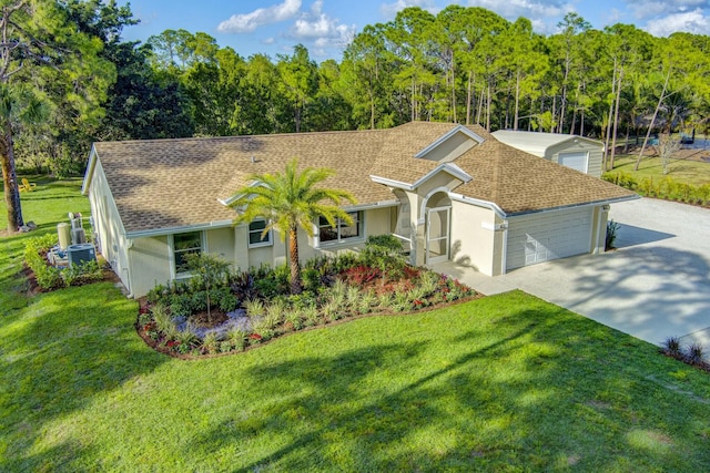 17393 84th Ct N, Loxahatchee, FL 33470 - ranch-style home with concrete driveway, a shingled roof, a front yard, stucco siding, and cooling unit