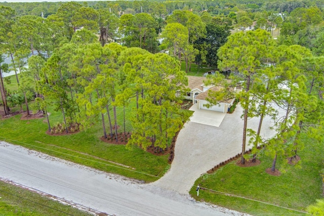 drone / aerial view featuring a forest view