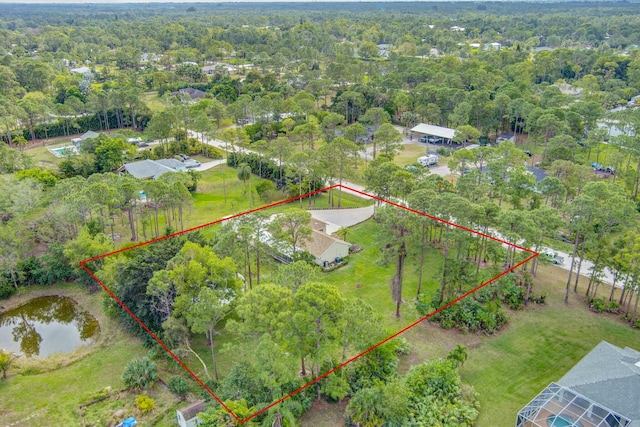 bird's eye view with a view of trees and a water view