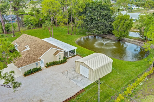 bird's eye view with a water view