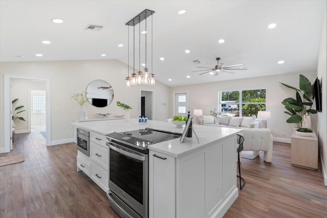 17393 84th Ct N, Loxahatchee, FL 33470 - kitchen with stainless steel appliances, vaulted ceiling, white cabinetry, a center island, and decorative light fixtures