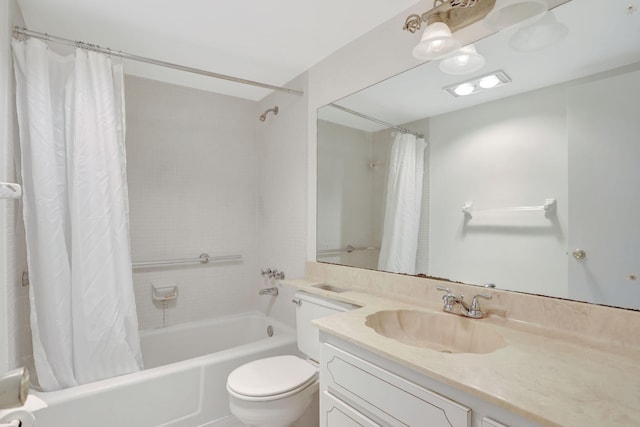 full bath featuring vanity, shower / tub combo, and toilet