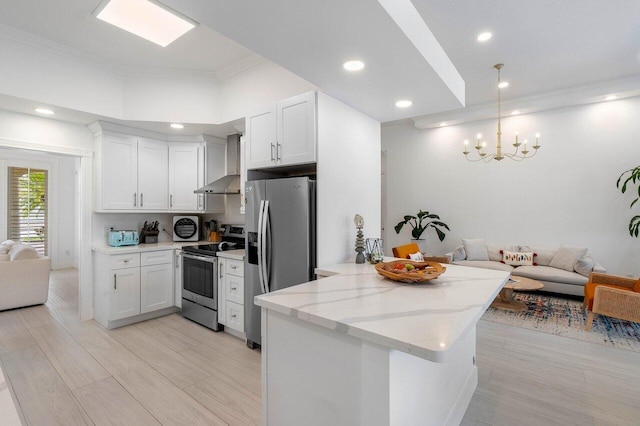 kitchen featuring open floor plan, a peninsula, stainless steel appliances, white cabinetry, and wall chimney exhaust hood