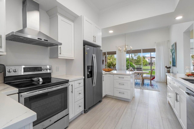 kitchen featuring white cabinets, a peninsula, stainless steel appliances, and wall chimney exhaust hood