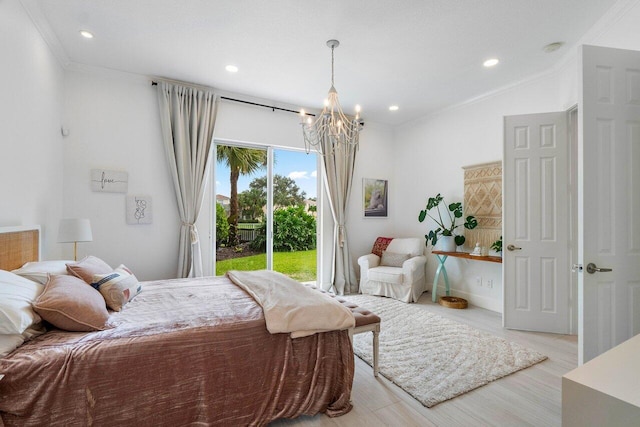 bedroom with access to exterior, recessed lighting, and ornamental molding