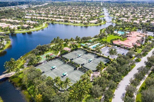 aerial view featuring a water view and a residential view