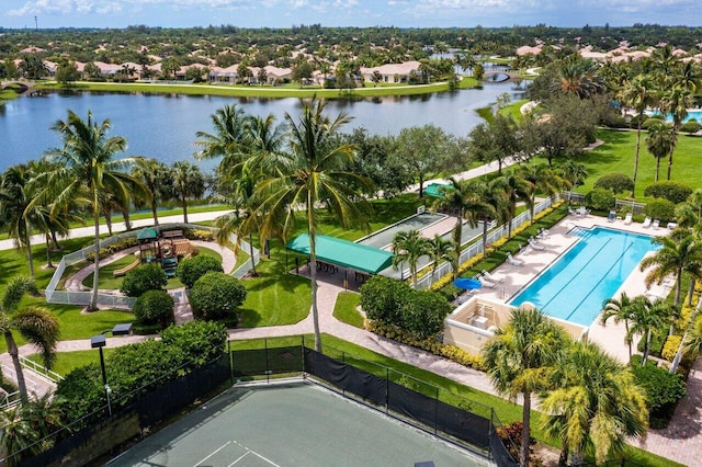 drone / aerial view with a water view