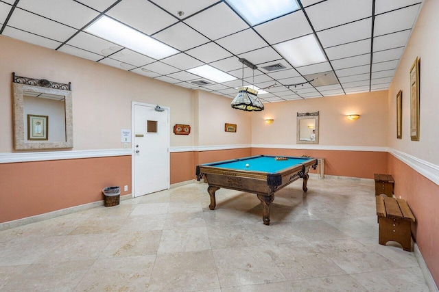 game room featuring billiards, a paneled ceiling, visible vents, and baseboards