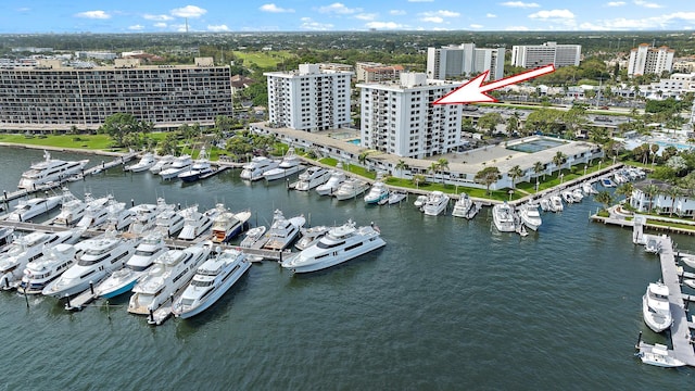 aerial view featuring a city view and a water view