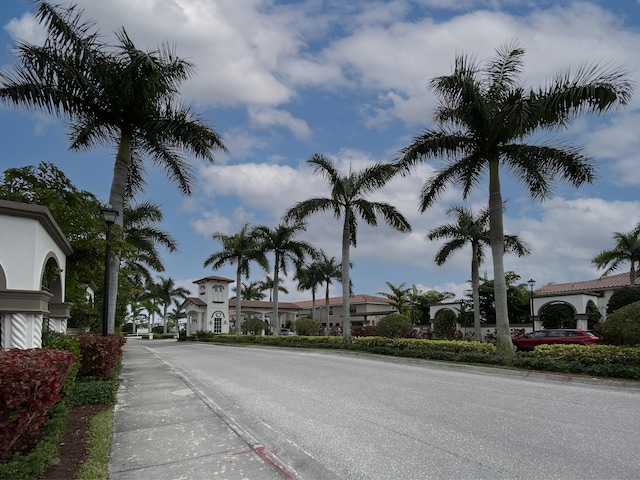 view of street with curbs, street lights, and sidewalks