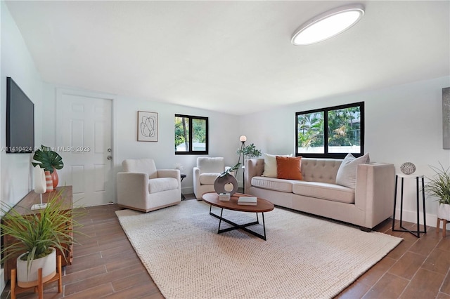 living area featuring wood tiled floor