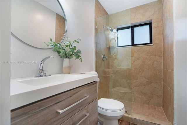 full bathroom featuring a walk in shower, toilet, and vanity