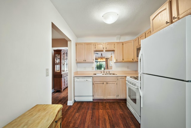 kitchen with light brown cabinetry, dark wood finished floors, light countertops, white appliances, and a sink