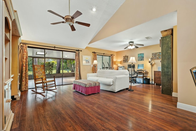 living room with high vaulted ceiling, a ceiling fan, hardwood / wood-style flooring, a barn door, and baseboards