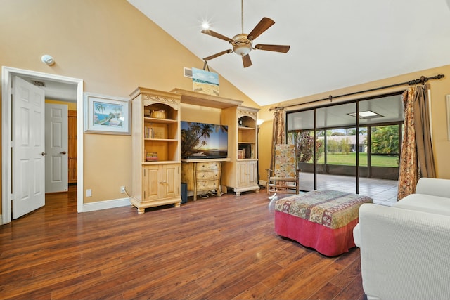 living area with visible vents, high vaulted ceiling, a ceiling fan, baseboards, and dark wood-style flooring