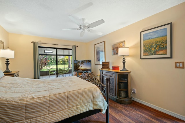 bedroom with access to outside, ceiling fan, baseboards, and wood finished floors