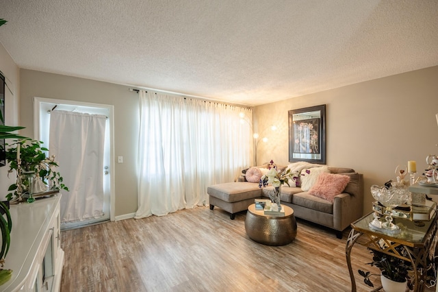 living area with a textured ceiling and light wood-style floors