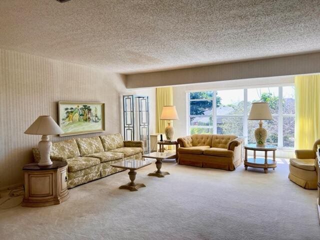 living room with carpet flooring and a textured ceiling